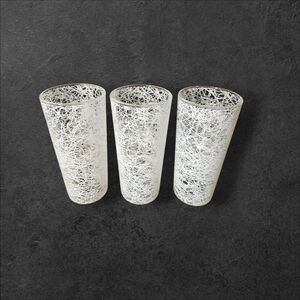 Mid Century White Spaghetti String Glass Tumblers Set Of Three.